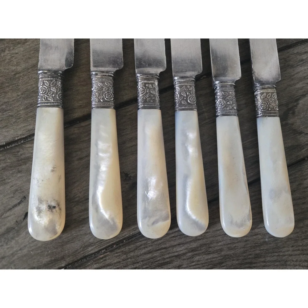6 Antique Landers Frary & Clark Pearl & Sterling Silver Rose Band Butter Knives